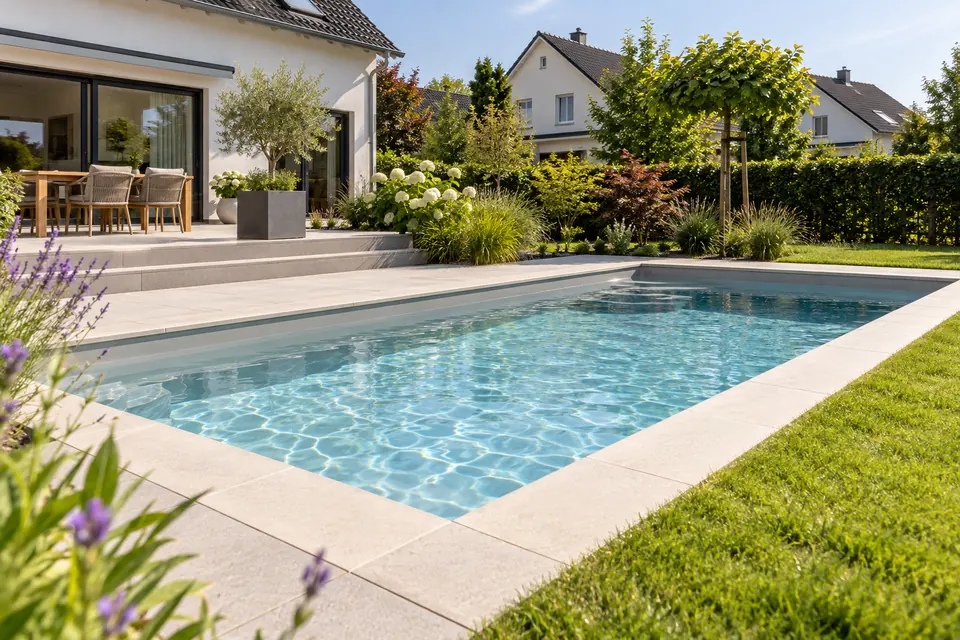 Kompaktes, vollständig eingelassenes Folienbecken im Garten eines Einfamilienhauses