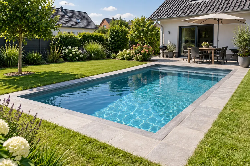 Kompaktes eingelassenes Folienbecken mit Rasen und kleiner Terrasse im Hausgarten