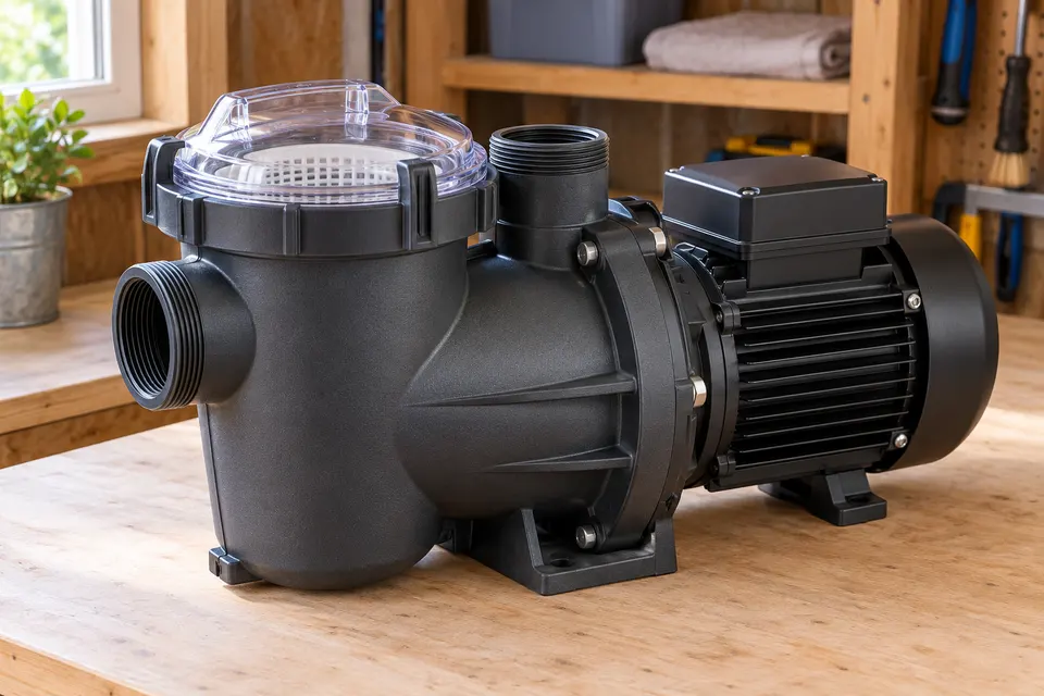 Moderne Poolpumpe mit transparentem Vorfilter und sauberen Anschlüssen